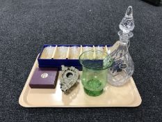 A Bohemian Crystal decanter with china sherry label and a box of six boxed Watford Crystal sherry