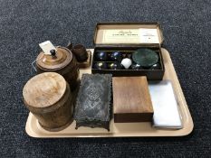 A tray of treen tea caddy and tobacco jar, miniature teak barrel from HMS Warspite,