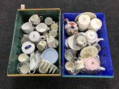 Two boxes of assorted tea china, Sylvac caddies, teapots,