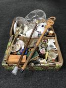 Two boxes of assorted dinner ware, glass ware, tea china, eagle headed walking stick,