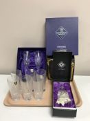 Edinburgh Crystal - A pair of champagne flutes (boxed), a bell (boxed) and six tall glasses (boxed).
