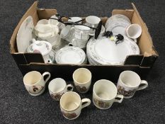 A box of assorted dinner ware, mugs,