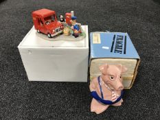A boxed Coalport Characters Postman Pat - early in the morning figure and a boxed Wade money box