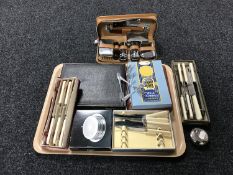 A tray of boxed and un-boxed table cutlery, gent's travel set in leather case,