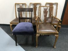 Four walnut dining room chairs and an odd chair