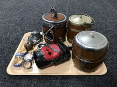 A tray of two wooden metal bound biscuit barrels, ice buckets, napkin rings,