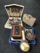 A vintage GEC radio, canteen of cutlery and a basket of games, buttons, barometer,