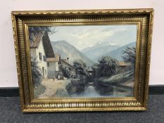 Continental school : Study of a lady by a river, oil on canvas, 69 cm x 48 cm, indistinctly signed,