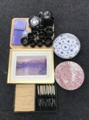 A tray of seventeen pieces of Brinknash china in a pewter finish, two boxed Wedgwood dishes,