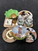 A tray of pair of antique pottery embossed jugs, collector's plates, china trinket box,