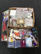 Two boxes of wedding invitations, sweet jars, confetti etc and a box of toys,