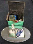 A box of china book ends, plated cutlery, glass jug, framed map,
