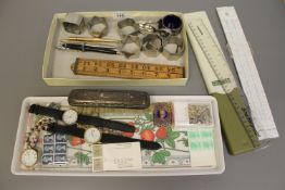 Two trays containing; silver-backed brush, six pewter napkin rings,