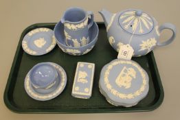 A tray of Wedgwood blue and white jasperware,