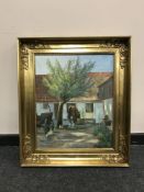 Continental school : A horse drinking by a barrel, oil on canvas, 44 cm x 54 cm,