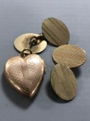 A pair of 12ct gold back and front cuff links and a 9ct back and front heart locket