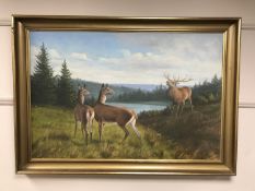 Continental school : Deer by a forest, oil on canvas, 96 cm x 64 cm, framed.