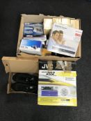 A box of assorted electricals including lighting tracks, telephones, car CD changer,