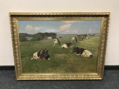 Continental school : Cattle grazing, oil on canvas, 99 cm x 68 cm, indistinctly signed, framed.
