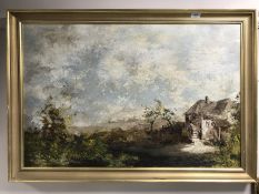 Twentieth century school : Study of a watermill, oil on board, 59 cm x 89 cm, framed.