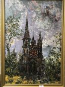 Twentieth century school : A Cathedral exterior, oil on board, 50 cm x 74.5 cm, framed.