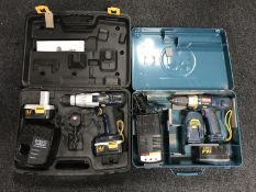 A cased Macallister 14.4 volt electric drill with batteries and chargers and a Ryobi 14.