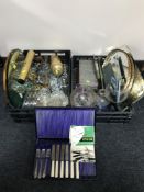 Two boxes of serving trays, cased cutlery, bankers lamp, circular mirror,