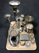 A tray of twentieth century plated ware, four-way epergne, wine coaster, ice bucket,