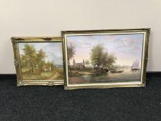 A gilt framed oil on canvas - boats on a river signed Baillie together with a gilt framed oil on