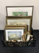 A box of pictures and prints including a signed oil on board - Tynemouth Priory,