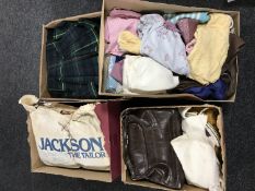 Four boxes of clothing, 70's boots, leather hand bag, children's vintage clothing, dog collars etc.