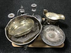 A tray of twentieth century plated wares, punch bowls, lidded muffin dish,