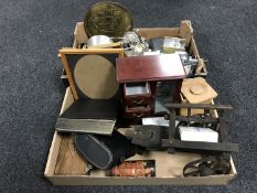 Two boxes of picture frames, metal ware, carriage clocks, jewellery box, cased binoculars,