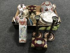 A box of oriental style tea china, together with two brass bound table boxes, brass teapots,