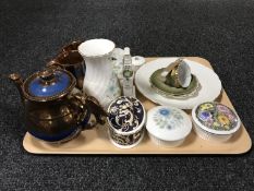 A tray of three piece of copper lustre ware, Goss,