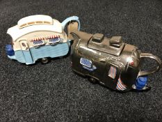 A china airstream teapot and a china 1950's style caravan teapot