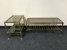 A rectangular brass glass topped coffee table together with a brass and glass two tier side table