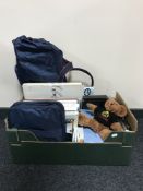 A box of memorabilia relating to Cunard including bags, books, teddy bears,