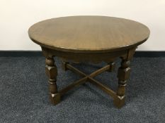 A circular oak coffee table