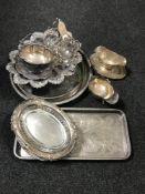 A quantity of plated ware, serving trays, swing handled baskets,
