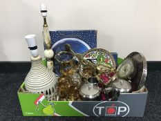 A box of pottery table lamp, dressing table set, cased cutlery, glass ware, Arcoroc serving plate,