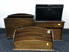 A metal deed box together with an oak table box, magazine rack,