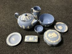 A tray of eight pieces of Wedgwood blue and white jasper ware