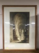 An oak framed hand coloured etching - St Paul's Cathedral interior signed in pencil