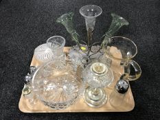 A tray of plated four-way epergne with three glass flutes, hand blown glass moon flask,