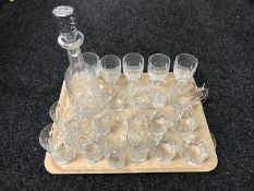 A tray of crystal glasses together with tankards and decanter