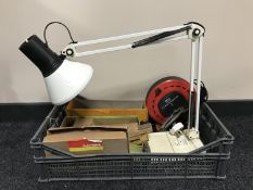 A box of angle poise lamp, wooden rules, hand tools,