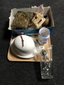 A tray of brass and copper, religious icon, contemporary clock in the form of a bowler hat,