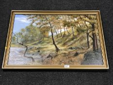 A gilt framed oil on canvas - The River Tyne near Corbridge by J. E.