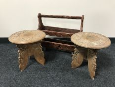 A rustic pine magazine rack together with a pair of hardwood brass inlaid tables on tripod bases